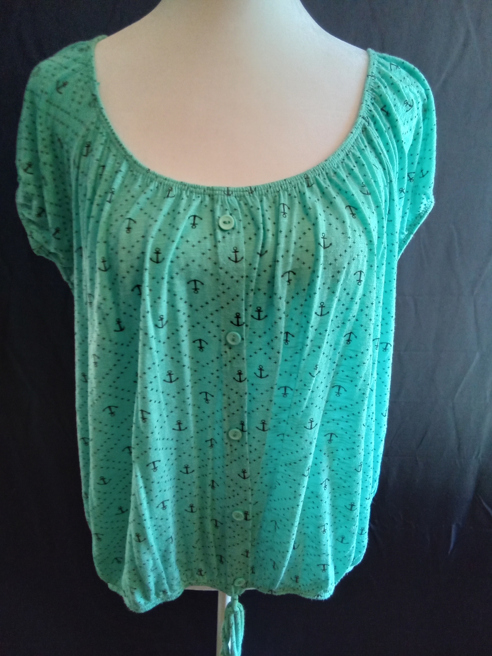 Rue Juju Casual‎ Teal Anchor-Print Short Sleeve Blouse